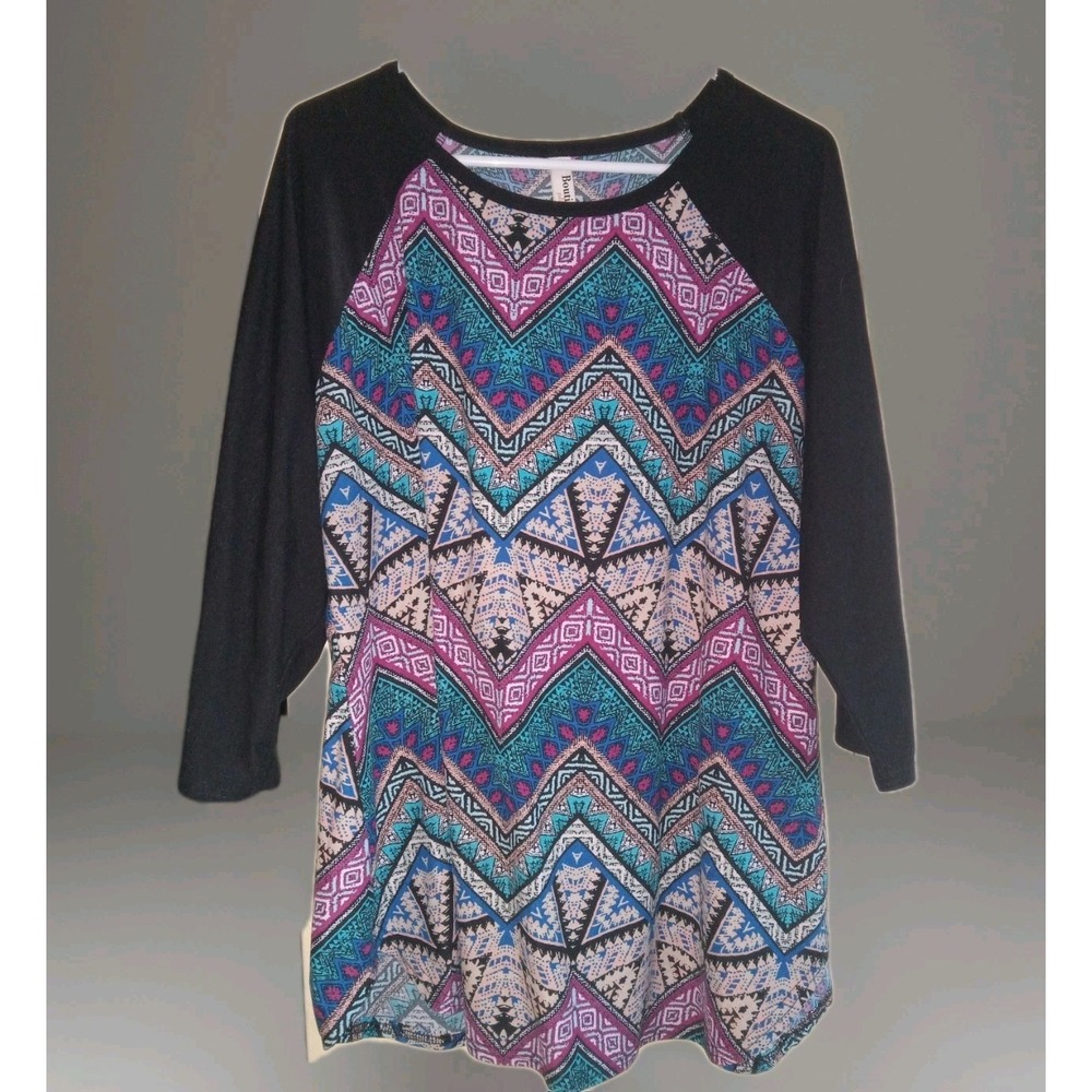 B&B Boutique 2x Teal Black Knit Long Sleeve Pullover Top Women's Geometric Aztec